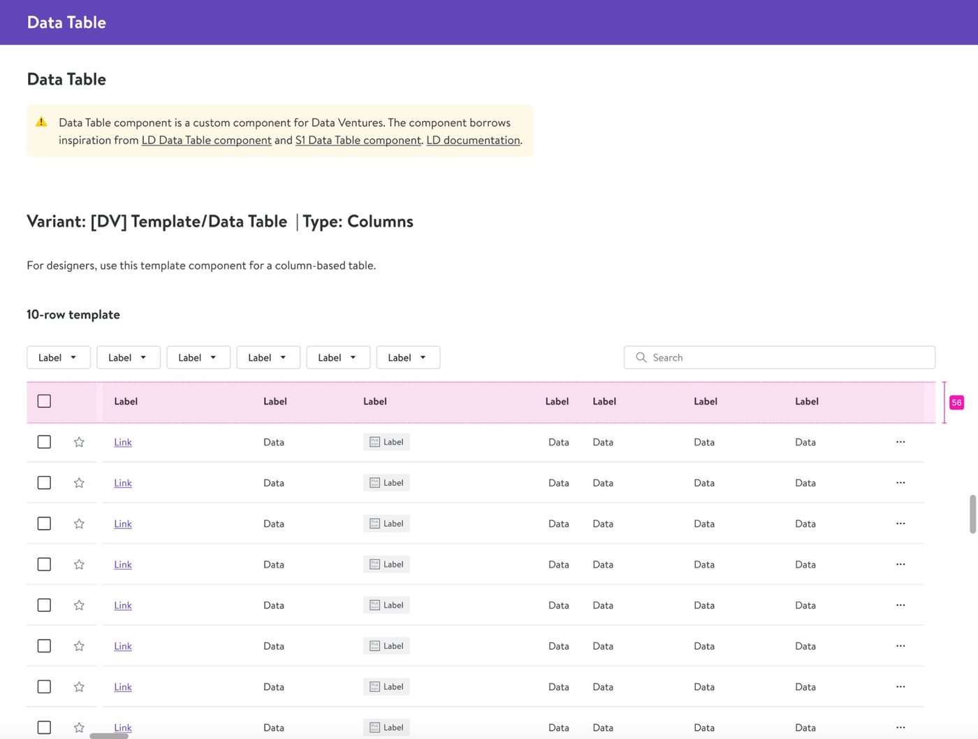 The flagship DV Data Table component: schema-agnostic, configurable, with filters, search, and column variants